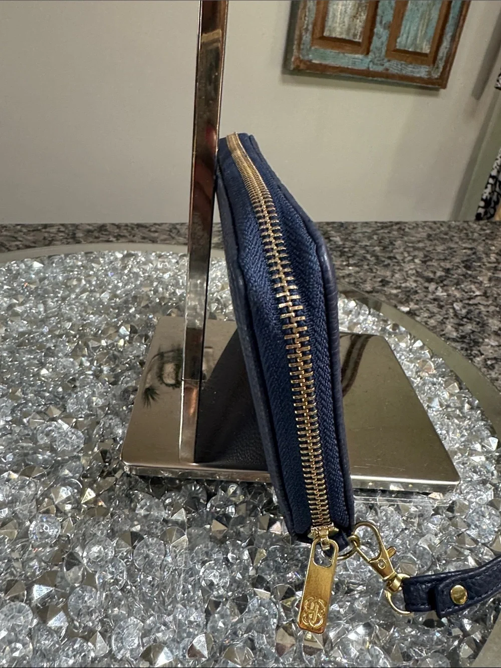 Bandolino Navy Pebbled Zip Wristlet with Gold Plaque